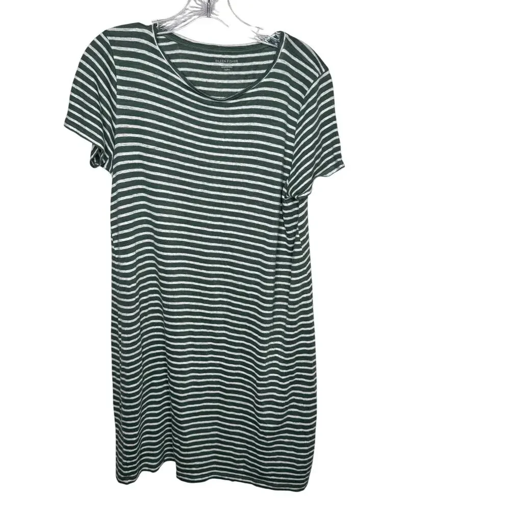 Eileen Fisher Organic Linen Striped T-Shirt Dress‎ Green White Petite Medium